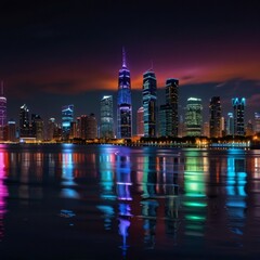 Obraz premium A dazzling urban skyline illuminated by neon lights and reflections in water.