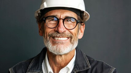A cheerful construction worker with glasses and a hard hat shows his positive attitude in a professional atmosphere suitable for work