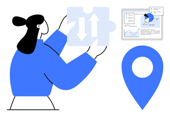 Female figure holding puzzle piece with arrows, data dashboard featuring chart and graphs, and large location pin. Ideal for teamwork, strategy, analytics, navigation, planning, visualization simple