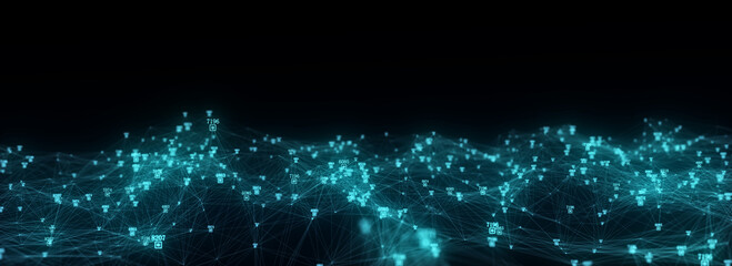 Dark cyberspace in digital background. Abstract technology wave with motion glowing dots and lines. Connection big data. Futuristic wireframe texture. Analysis a network connection. 3D rendering.