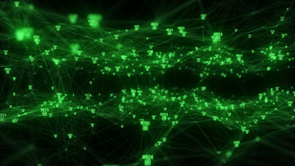 Dark cyberspace in digital background. Abstract technology wave with motion glowing dots and lines. Connection big data. Futuristic wireframe texture. Analysis a network connection. 3D rendering.