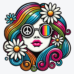 Retro groovy hippie girl face with sunglasses, daisy flower and rainbow hair