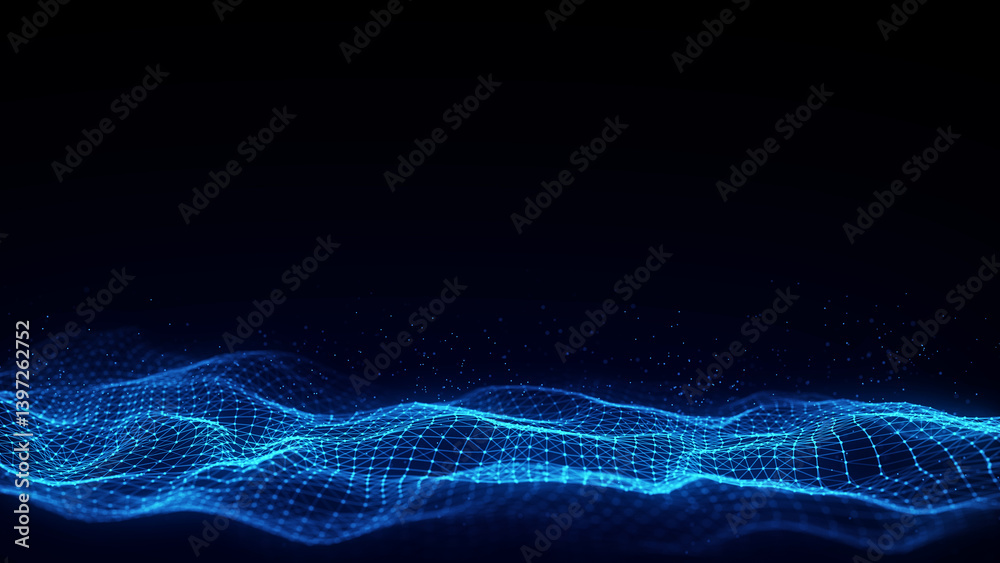 Wall mural dark cyberspace in digital background. abstract technology wave with motion glowing dots and lines. 