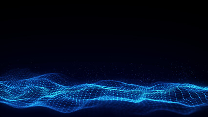 Dark cyberspace in digital background. Abstract technology wave with motion glowing dots and lines. Connection big data. Futuristic wireframe texture. Analysis a network connection. 3D rendering.