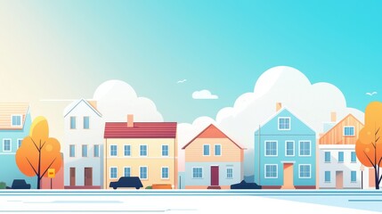 A picturesque autumnal street scene with colorful houses in a calm neighborhood.