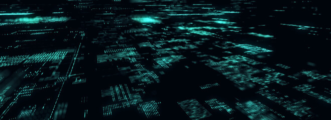 Abstract digital background. Matrix cyberspace with moving data. Technology cyber security futuristic space. Concept hacking, sorting and analysis big data. Binary code dots flow. 3d rendering.