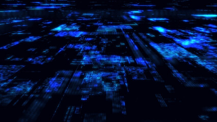 Abstract digital background. Matrix cyberspace with moving data. Technology cyber security futuristic space. Concept hacking, sorting and analysis big data. Binary code dots flow. 3d rendering.