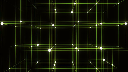 3D futuristic geometric cube with dots and lines. Abstract wireframe blockchain. Science background. Structure technology network connection. Ai in dark cyberspace background. 3D rendering.