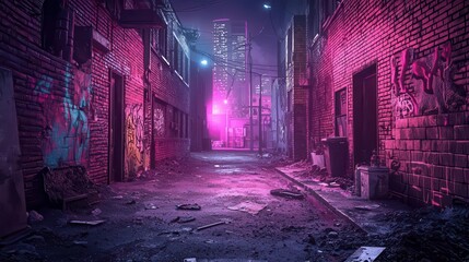 Cyberpunk gang hideout in a rundown district, neon graffiti, illegal tech modifications, and dangerous characters