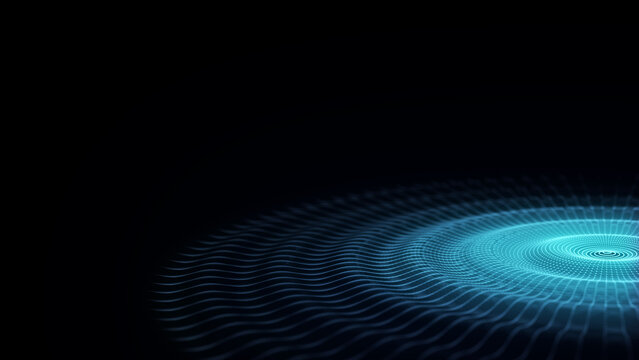 3D abstract circle music wave with dots and lines. Futuristic technology background. Graphic effect network connection data. Glowing round sound with dark cyberspace. 3D rendering.