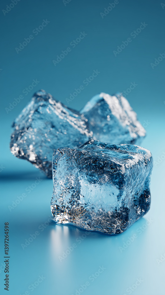 Poster close-up of three ice cubes on blue background, showcasing transparency and texture, symbolizing fre