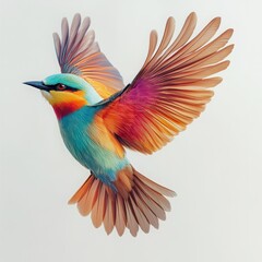 Fototapeta premium Vibrant Colorful Bird in Flight with Magnificent Wings Displaying Rich Hues of Blue, Orange, and Yellow Over a Soft Background