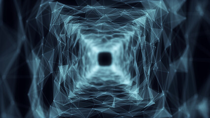Futuristic sci-fi square portal in space. 3D ai tunnel with dots and lines. Abstract digital wormhole data. Flow particle by funnel. Fantasy circle vortex on dark background. 3D rendering.