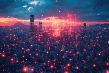 A cityscape with blue network connections linking buildings and streets, representing the interconnected nature of smart cities