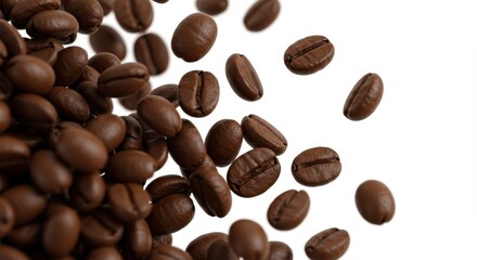 Closeup image of coffee beans on white background showcasing texture and arrangement in focus