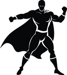 Black and White Superhero Vector Illustration, Muscular Male Hero with Cape in Action Pose