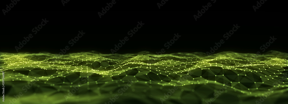 Wall mural abstract technology hexagon wave with motion dots and lines. dark cyberspace in digital background. 