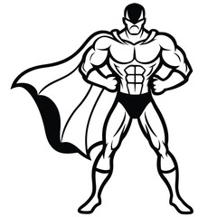 Black and White Superhero Vector Illustration, Muscular Male Hero with Cape in Action Pose