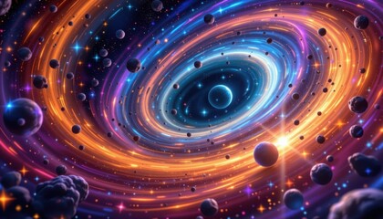 Radiant Galaxy A vibrant galaxy where swirling energy forms colorful spirals, dotted with sparkling stars and bright celestial bodies.