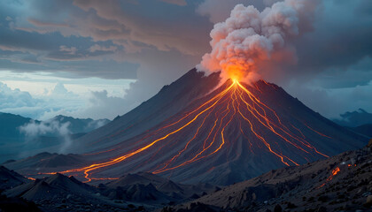 Fototapeta premium Majestic volcano erupting with lava flow and smoke