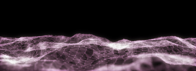 Dark cyberspace in digital background. Abstract technology wave with motion glowing dots and lines. Connection big data. Futuristic wireframe texture. Analysis a network connection. 3D rendering.