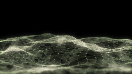 Dark cyberspace in digital background. Abstract technology wave with motion glowing dots and lines. Connection big data. Futuristic wireframe texture. Analysis a network connection. 3D rendering.