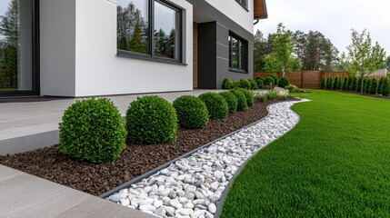 Modern Landscape Design with Stone Path and Neatly Trimmed Shrubs in Contemporary Residential Garden
