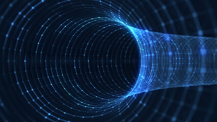 Fototapeta premium Futuristic sci-fi circle portal in space. 3D ai tunnel with dots and lines. Abstract digital wormhole data. Flow particle by funnel. Fantasy circle vortex on dark background. 3D rendering.