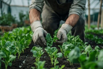 Inside a well-maintained greenhouse filled with rows of young plants, a farmer is carefully selecting robust seedlings for transplantation