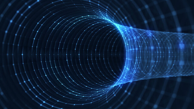 Futuristic sci-fi circle portal in space. 3D ai tunnel with dots and lines. Abstract digital wormhole data. Flow particle by funnel. Fantasy circle vortex on dark background. 3D rendering.