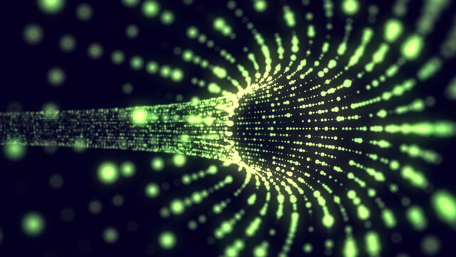 Futuristic sci-fi circle portal in space. 3D ai tunnel with dots and lines. Abstract digital wormhole data. Flow particle by funnel. Fantasy circle vortex on dark background. 3D rendering.