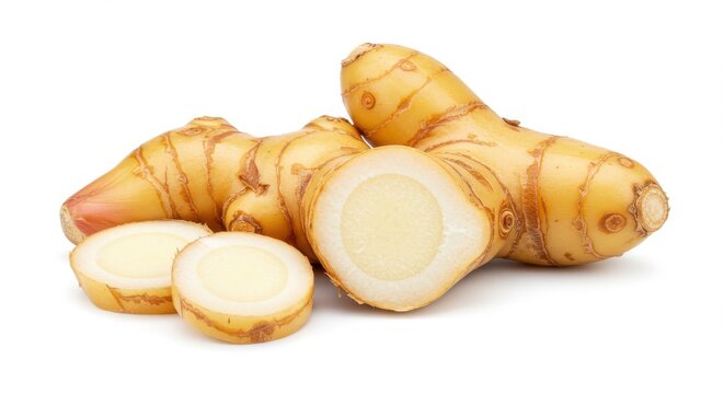Fresh galangal root with sliced pieces isolated on white background for culinary and health uses
