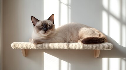 Elegant Siamese cat lounging on a top-tier platform of a wall-mounted cat tree, ambient room light creates soft shadows on the matte white wall. Created Using: lifestyle portrait, ambient light setup,