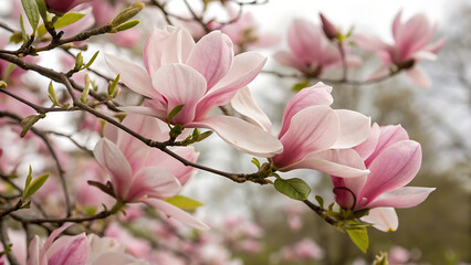 twig with blooming pink magnolia flowers close up over blue background, beautiful pink magnolia flowers blooming in the garden
