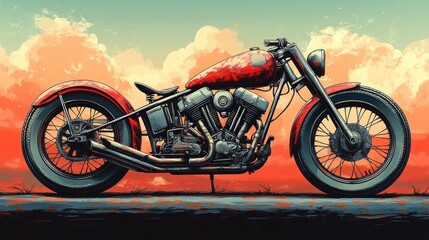 Obraz premium Red chopper motorcycle at sunset, rusty ground, clouds