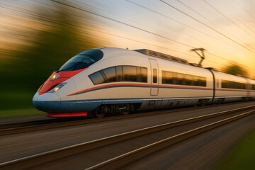 Fototapeta premium High speed train is travelling on the railroad at sunset