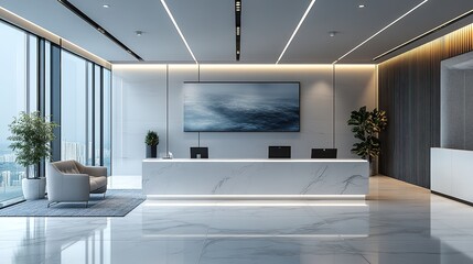 Sleek contemporary office reception with marble desk and expansive city view