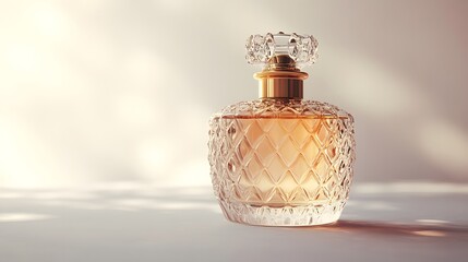 A luxury perfume bottle illuminated with the soft glow, displaying the intricate crystal details. A high angle shot that evokes feelings of luxury, femininity, and elegance.