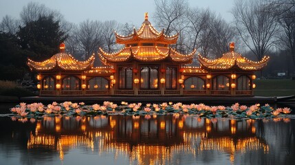 Illuminated pagoda sits beside pond with lilies, reflecting in water on a soft, serene evening