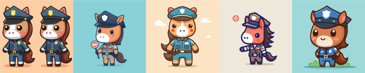 collection of cute and adorable horse vectors wearing traffic police uniforms