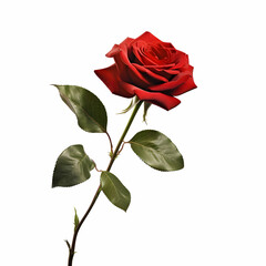 Fototapeta premium A single red rose with leaves on the stem, isolated on a white background