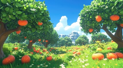 Vibrant Fruit Orchard with Ripe Trees Under Bright Blue Skies