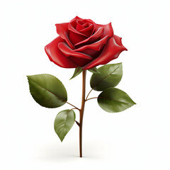 Obraz premium A single red rose with leaves on the stem, isolated on a white background