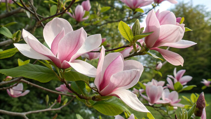 twig with blooming pink magnolia flowers close up over blue background, beautiful pink magnolia flowers blooming in the garden

