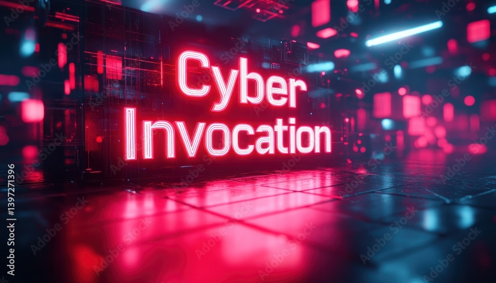 Fototapete futuristic digital scene featuring neon text with cyber invocation theme and a glowing background of