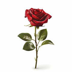 Obraz premium A single red rose with leaves on the stem, isolated on a white background