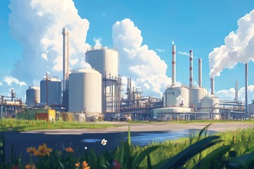 Obraz premium A biofuel refinery is depicted with large storage tanks and complex processing units, all set against a backdrop of a bright blue sky, indicating clean energy production