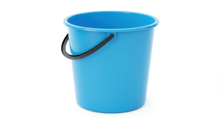 Blue plastic bucket with black handle isolated on white background for household cleaning tasks
