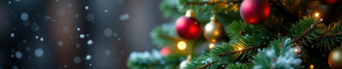 Snowflakes gently falling on a festive Christmas tree, christmas tree, serene, decorations