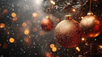 Festive ornaments hang on a tree with bokeh lights and snowfall